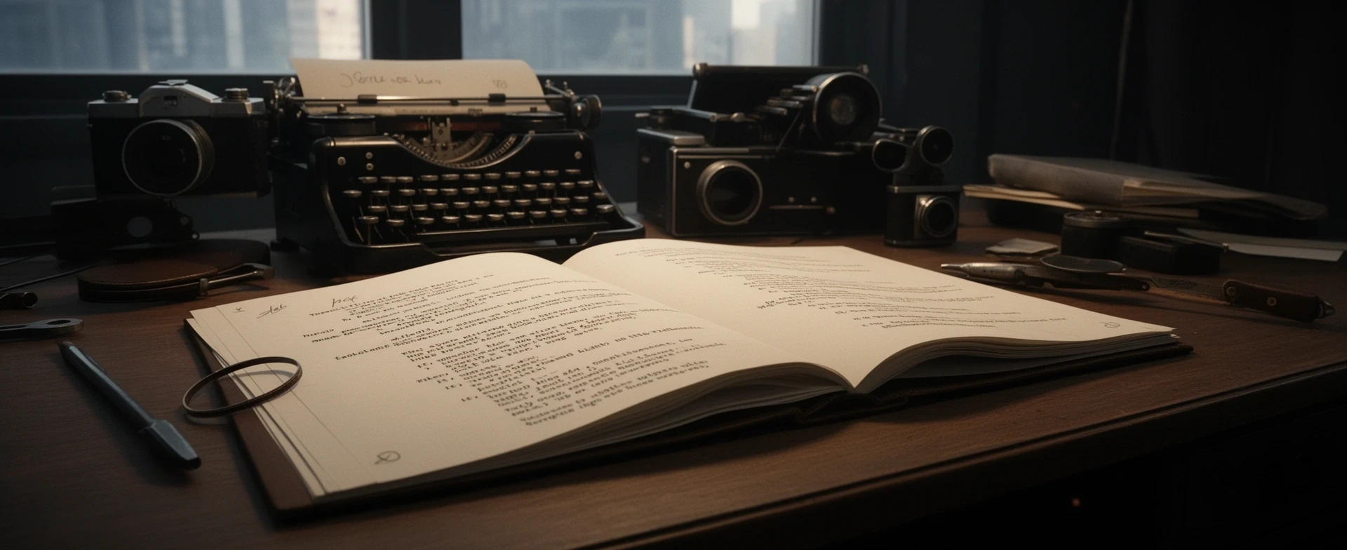 Professioneller Schreibtisch mit Drehbuch-Manuskript und Kameraausrüstung