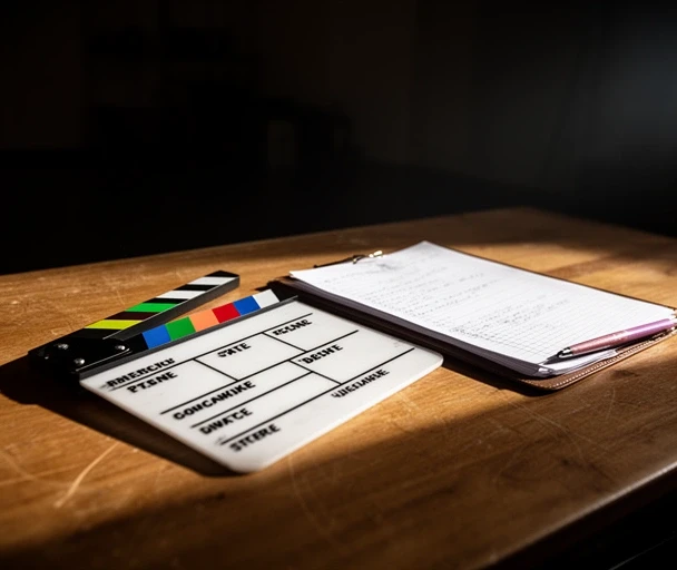 Filmklappe und Drehbuch-Manuskript auf Regisseurstisch