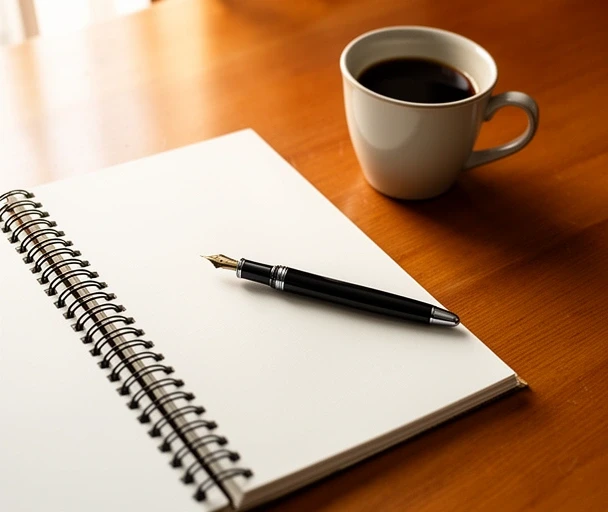 Schreibwerkstatt: Notizblock und Stift auf Holztisch