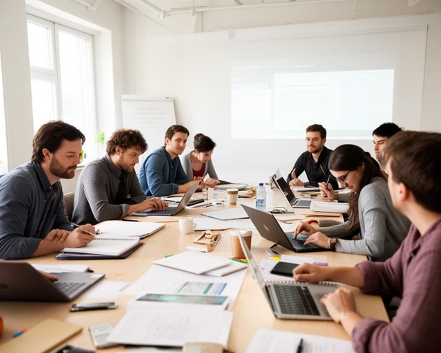 Kursgruppe beim Drehbuch-Workshop in einem hellen Seminarraum